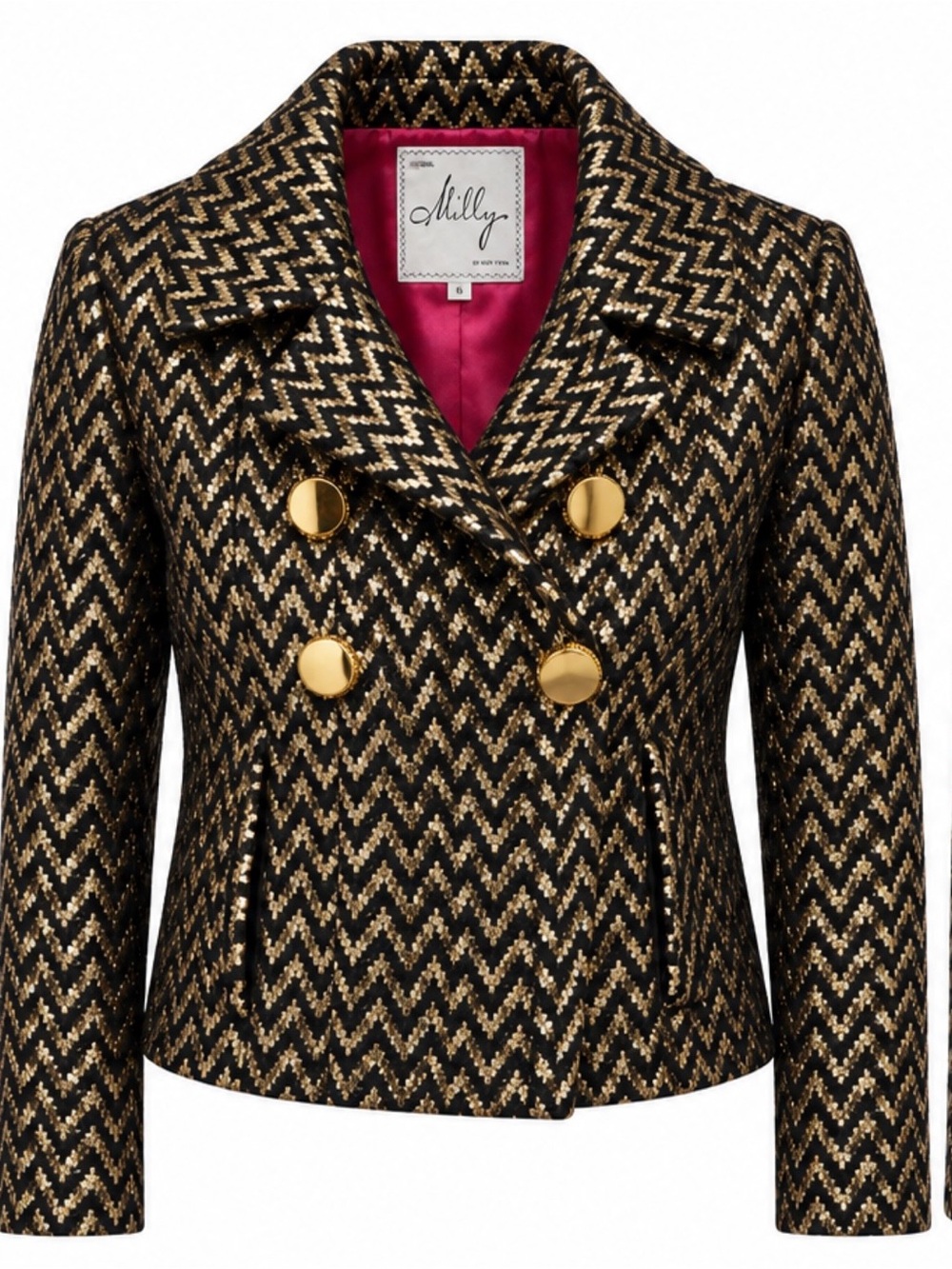 Milly Black & Gold Chevron Double-Breasted Blazer